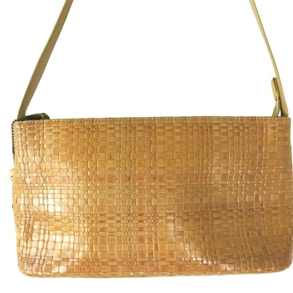 Vintage FOSSIL Tan Woven Leather Shoulder Bag Key Charm Zipper Handbag Purse - Picture 6 of 12